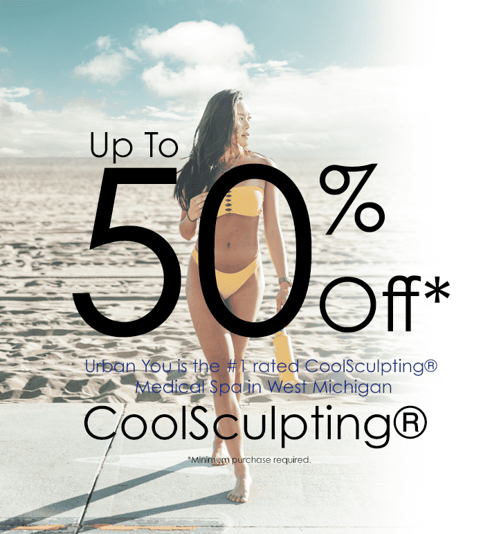 beautiful woman walking on beach in yellow bikini with promotion for 50% off coolsculpting in front